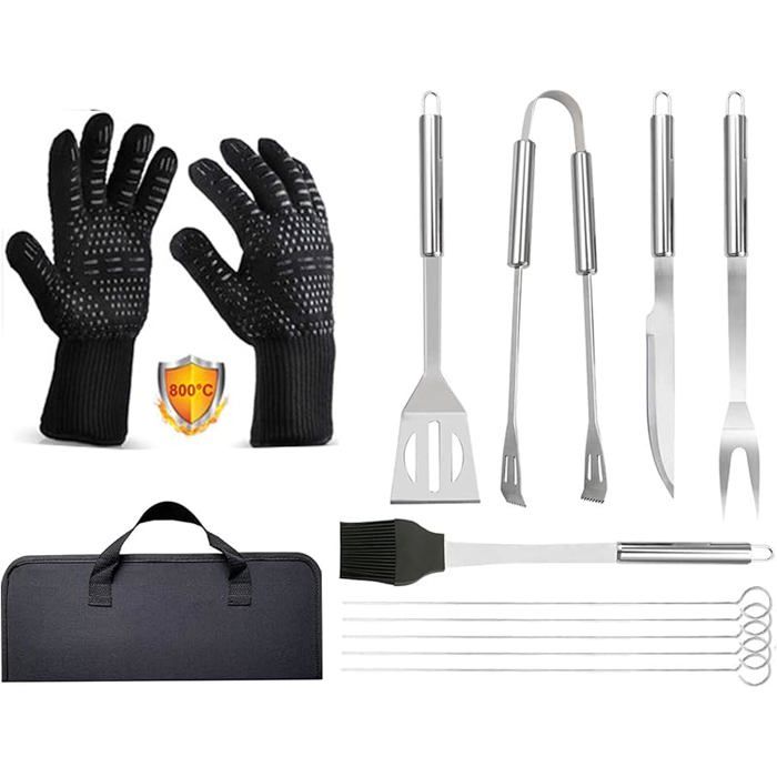 Kit Barbecue 9 Pièces en Acier Inoxydable avec Gants Résistants à 800°C (1472°F) - Ustensiles de Cuisine pour Grillade Camping