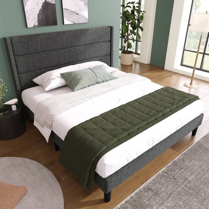 Lit double 140 x 200 cm rembourré en lin gris foncé avec tête de lit sommier à lattes design moderne intemporel sans matelas