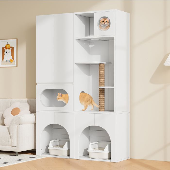 Meuble pour litière chat – Armoire de rangement – colonne à griffer sisal – Blanc – 140 x 45 x 195 cm
