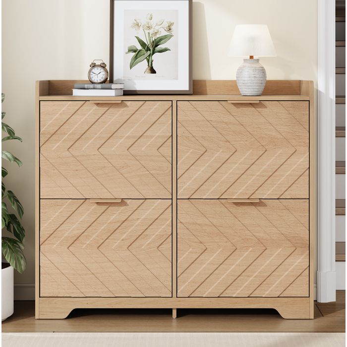 VUENOR Meuble à chaussures 105 x 24 x 90 cm naturel – 4 abattants façade 3D