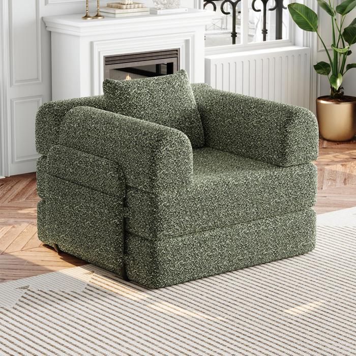 Fauteuil Convertible 1 Place - 94x91 4x69 8cm - Chauffeuse Lit Chenille 3 Cadres Acier Poche Accoudoir Antidérapant - Vert