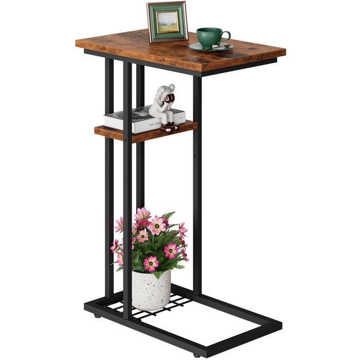 Table d’appoint Basse Bout de Canapé Fme C à 2 Étages Rangement Structure en Métal Style Industriel pour Marron TABLE DAPPOINT
