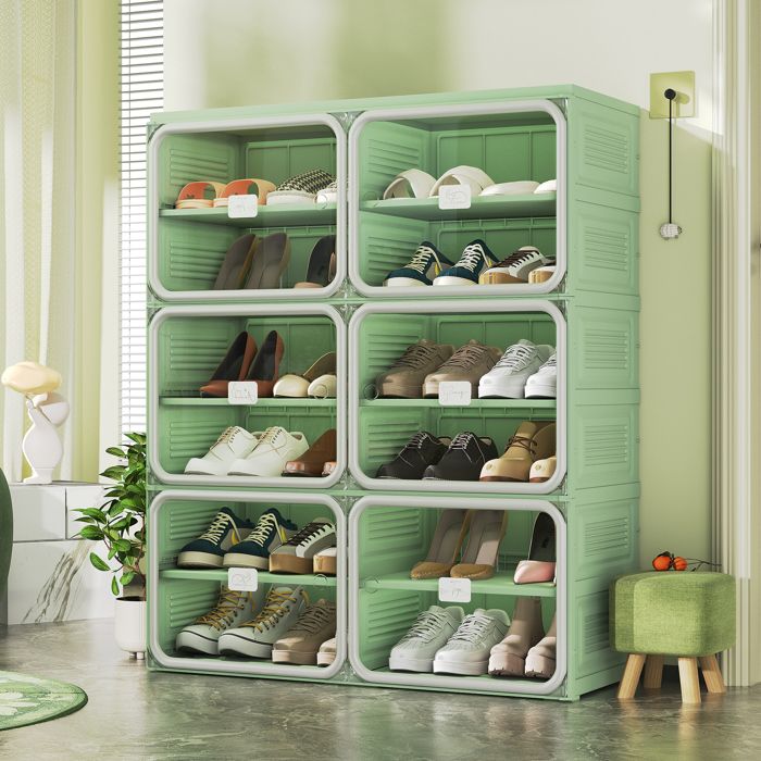 Meuble à chaussures pliable SORVAGLOS 85×34×104 cm 6 niveaux 24 Paires porte transparente en PET matériau PP style moderne vert