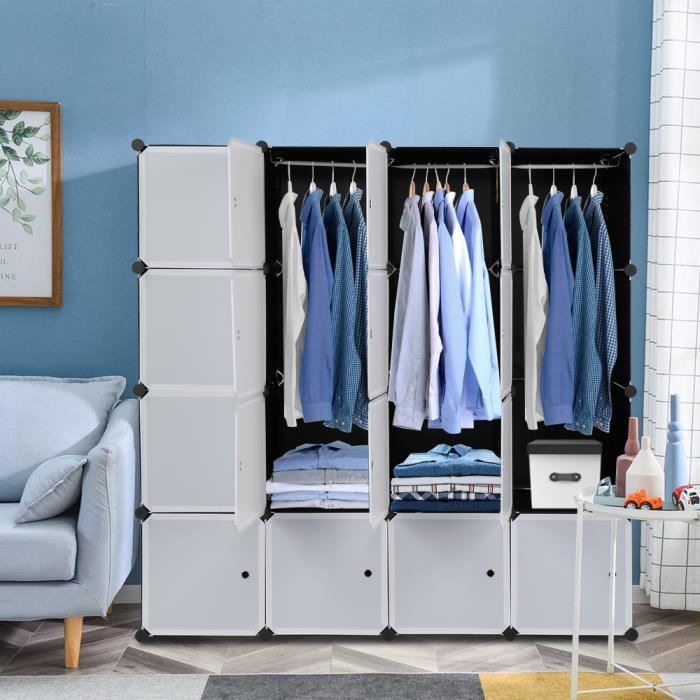 Armoire de Chambre Rangement DIY 16 cuboïdes Penderie avec Portes 2 Tige Suspendue 140 x 45 x 140cm