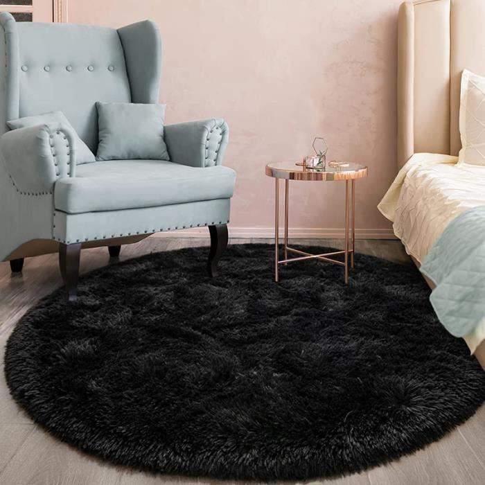 Tapis Ronde 160cm Peluche - Tapis Shaggy Noir Moderne Décor - Tapis de Salon Chambre Couloir Canapé Natte