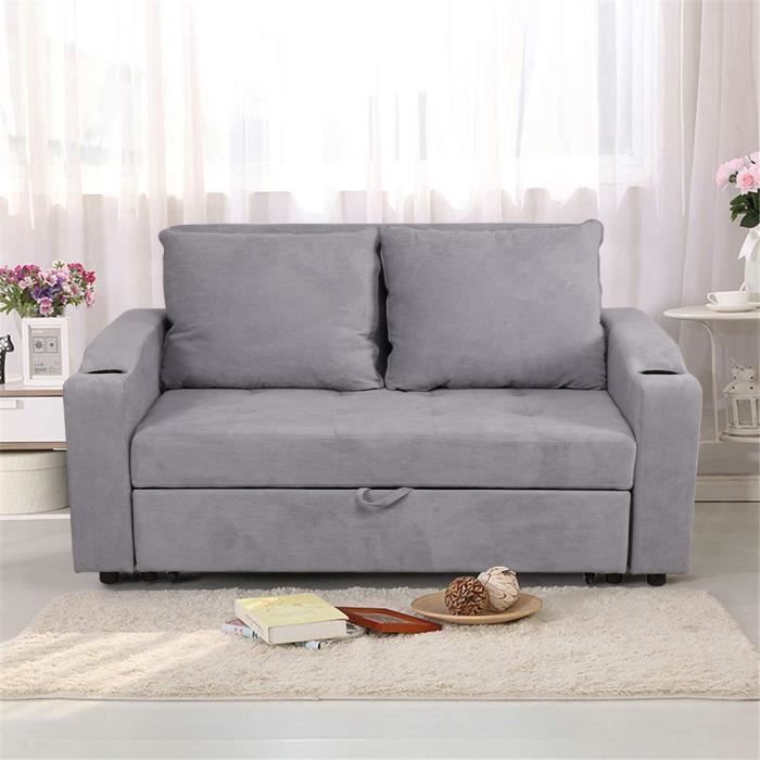 Furniturer Canapé Droit Convertible 3 Places Tissu Gris Scandinave L 218 X P 92 Cm