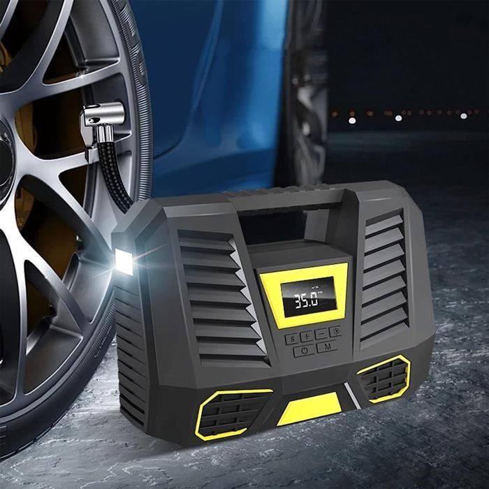 Compresseur d'air Portatif, Gonfleur Pneus Voiture 12v DC, Fil Allume Cigare,3 Adaptateurs de Buses,pour Voiture Vélo et Balle Gonflable avec Ecran LCD et Lampe LED