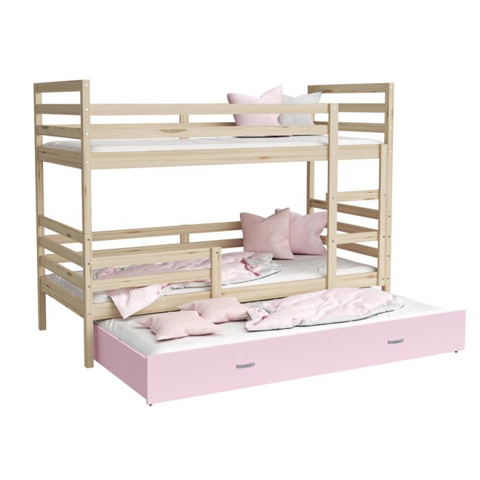 Lit Superposé 3 Places Milo 90x190 gigogne + matelas Pin - rose Lit Superposé 3 Places Milo 90x190 gigogne + matelas Pin - rose