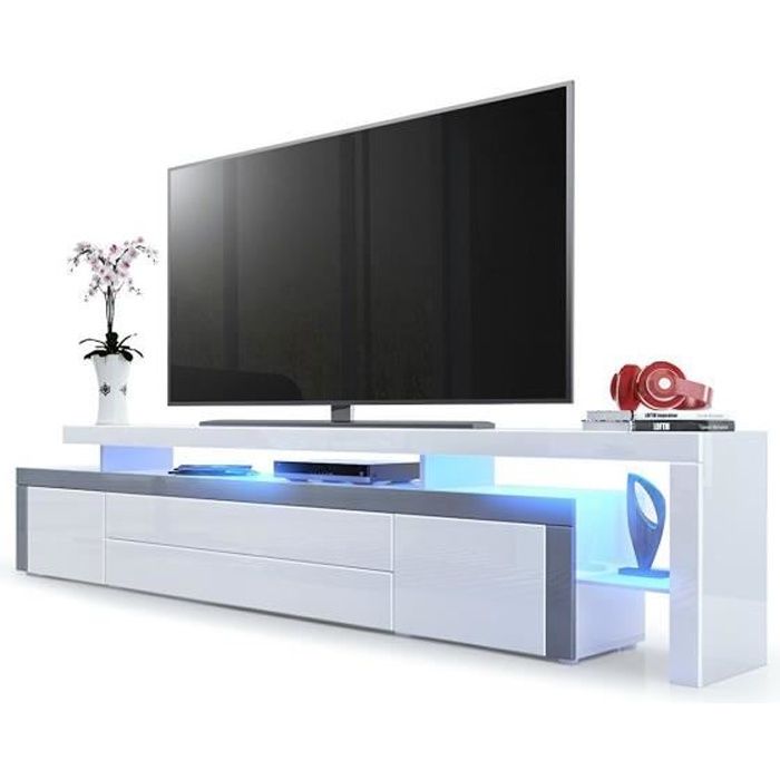 meuble tv bas blanc haute brillance / gris - contemporain - design - portes et tiroirs - 52 x 227 x 35 cm