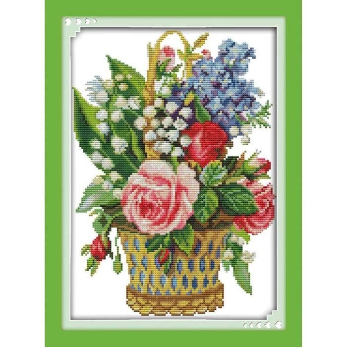 Kit Broderie Point De Croix Abillyn - Motif Fleurs Colorées, Tissu Pré-imprimé 11 Ct