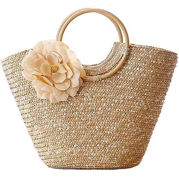 Femmes Sac a main en paille Sac fourre tout tisse avec fleurs de