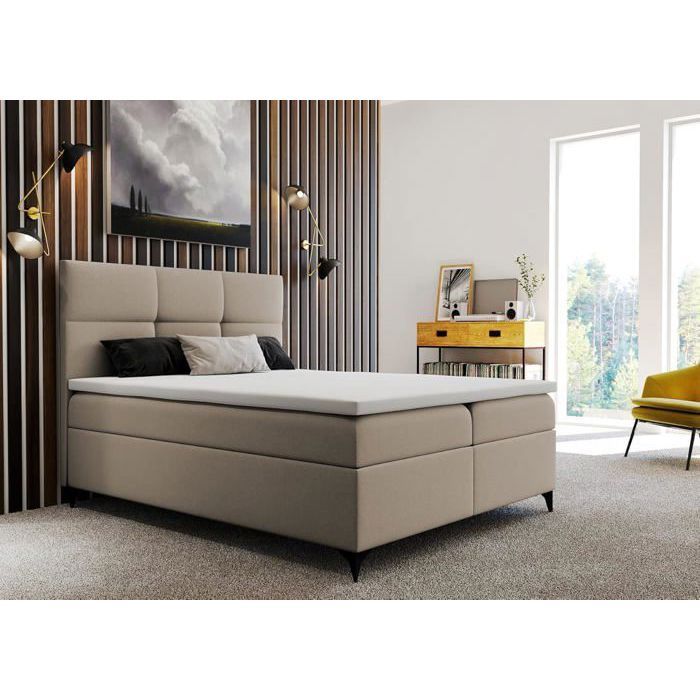Lit adulte 200x200 cm LIMBA - avec matelas ressorts int&eacute;gr&eacute;s rangement et surmatelas - tissu velours &ndash; beige 
