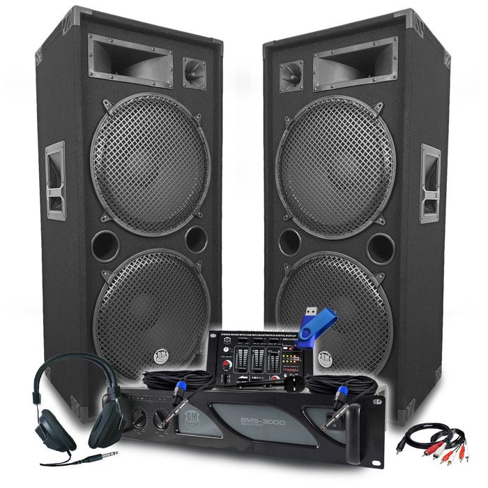 BM SONIC Pack Sono DJ  Ampli 3000W Paire dEnceintes Passives LSC215 2x2000W Table de Mixage Casque DJ C&acirc;bles Micro+Cl&eacute; 32G 