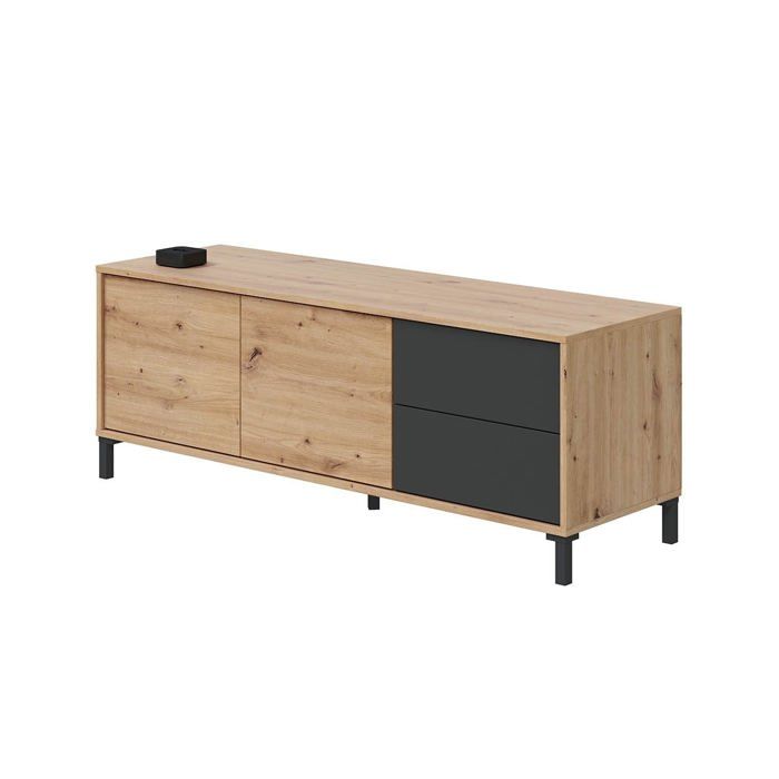 CALICOSY - Meuble TV 2 portes et 2 tiroirs Brooklyn - L130 cm - Chêne artisan / gris CALICOSY - Meuble TV 2 portes et 2 tiroirs Brooklyn - L130 cm - Chêne artisan / gris