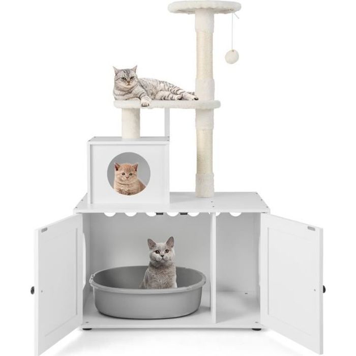 Comparer les prix de COSTWAY Arbre à Chat en Bois 132CM avec Maison de Toilette pour Chat à 2 Porte, Griffoir en Sisal, Niche et Pompon Suspendu, Blanc