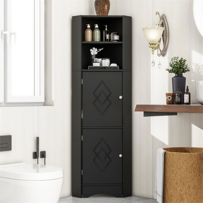 meuble de salle de bain sur pied, armoire d'angle avec 2 compartiments de rangement, avec étagère réglable, 36.5x36.5x155 cm, noir