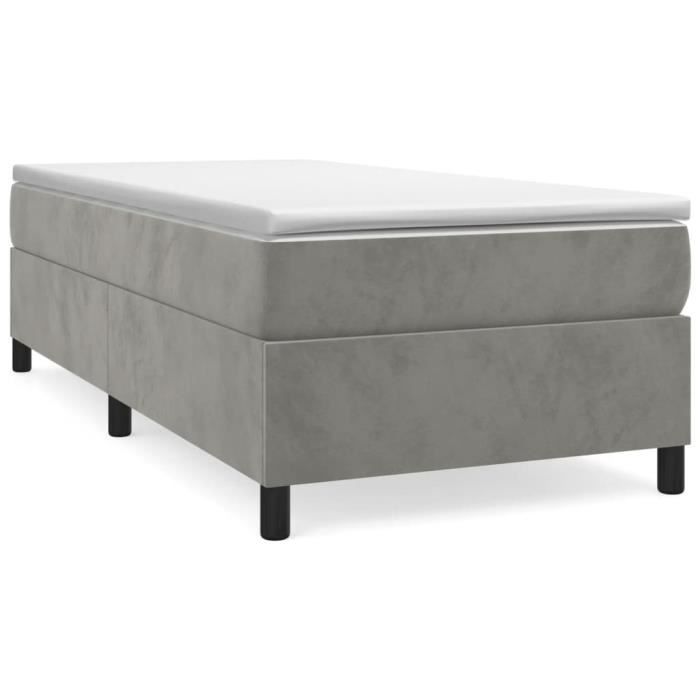 Sommier tapissier - DUOKON - Gris clair - 90x190 cm - Velours doux - Pieds robustes