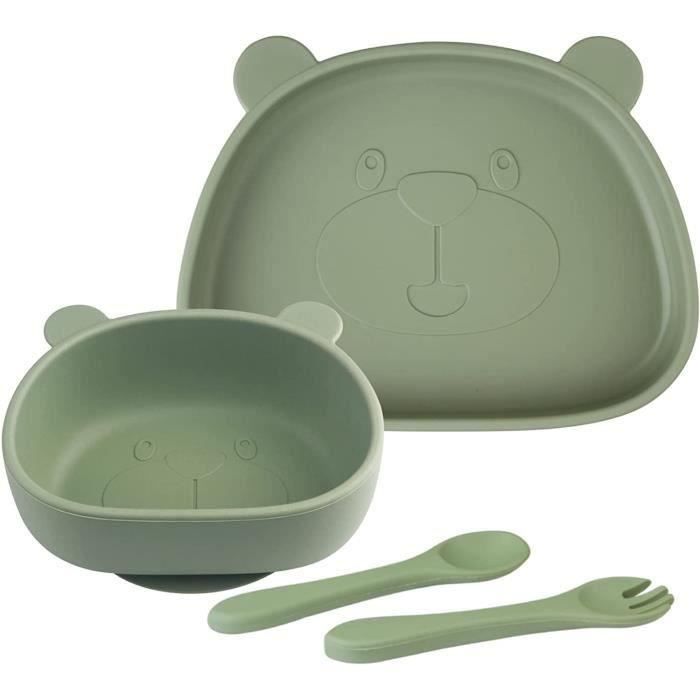 Kit Vaisselle Bébé 7 Pièces En Silicone Avec Ventouse - Antidérapant Et Sans BPA - Bleu/Beige