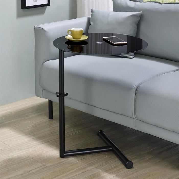 table d'appoint leonie bout de canapé rond avec hauteur réglable, structure en métal laqué et plateau en verre trempé noir