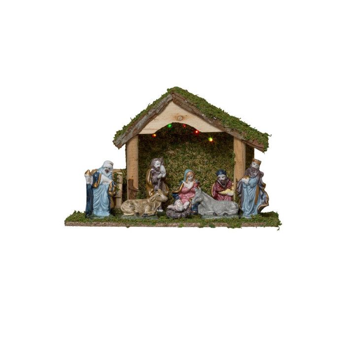 Crèche De Noël Lumineuse Avec Guirlande LED - Base En Bois - Décoration Religieuse Pour Salon Et Chambre