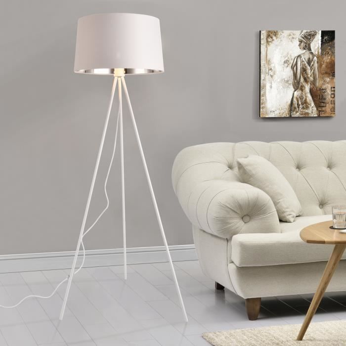 Lampadaire Trépied Manchester E27 Métal Textile Hauteur 150 cm Blanc Argenté