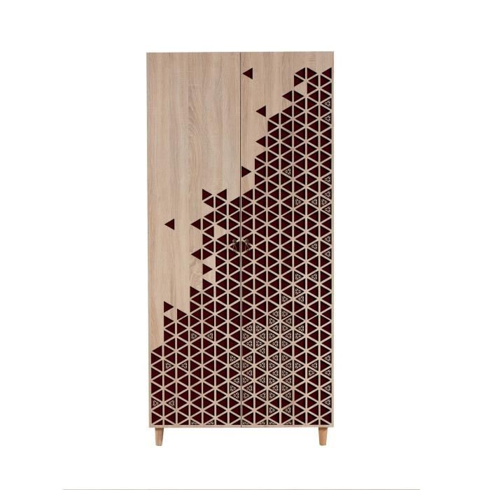 armoire penderie 2 portes infigo 90cm bois naturel motif triangles bordeaux