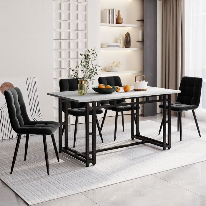 MODERNLUXE Ensemble table et 4 chaises - table noire 140x80cm - structure en métal - chaise en velours noir MODERNLUXE Ensemble table et 4 chaises - table noire 140x80cm - structure en métal - chaise en velours noir