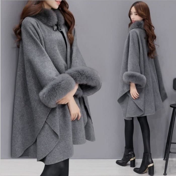 Poncho Cape Femme Blousons Collier Fourrure Gilets Ourlet Outwear Cardigan  Chaud Veste Soiree Doudoune Coupe-Vent Parka Gris