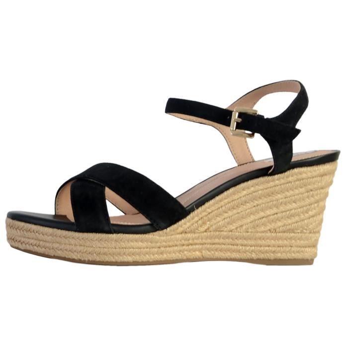 Sandales compensees Geox Soleil pour femme Cuir noir Bride Confort exceptionnel Noir Cdiscount Chaussures