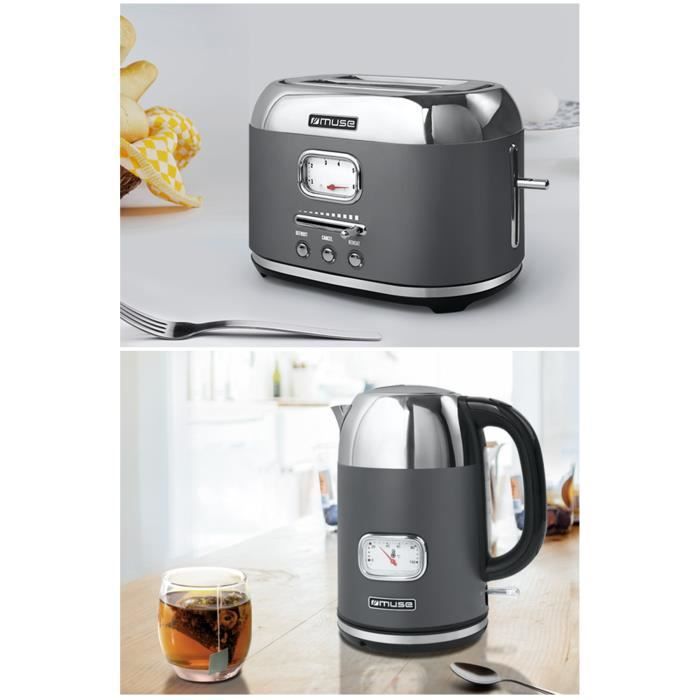 PACK BOUILLOIRE RETRO VINTAGE SANS FIL INOX + GRILLE PAIN 2 FENTES INOX