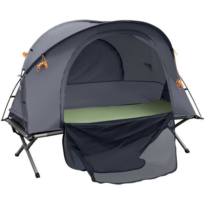 Ensemble tente de camping 3 en 1 avec lit de camp, tente, matelas gonflable gris