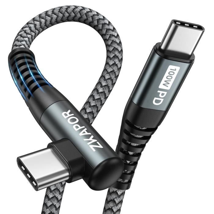Câble USB-C Coudé 90° 1m - USB-A Vers USB-C, Charge Rapide 18W, Nylon Tressé, Pour IPhone, Galaxy, PS5 - 8