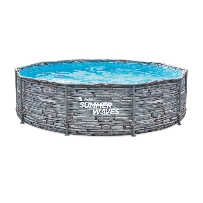 Summer Waves Frame Pool | Rond 305x76 cm aspect pierre gris | Kit piscine hors sol | Piscine de jardin & piscine en plastique