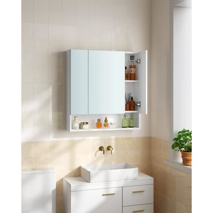 armoire de salle de bain avec portes miroir, compartiment ouvert, étagères réglables, 16,5 x 70 x 75 cm, blanc nuage