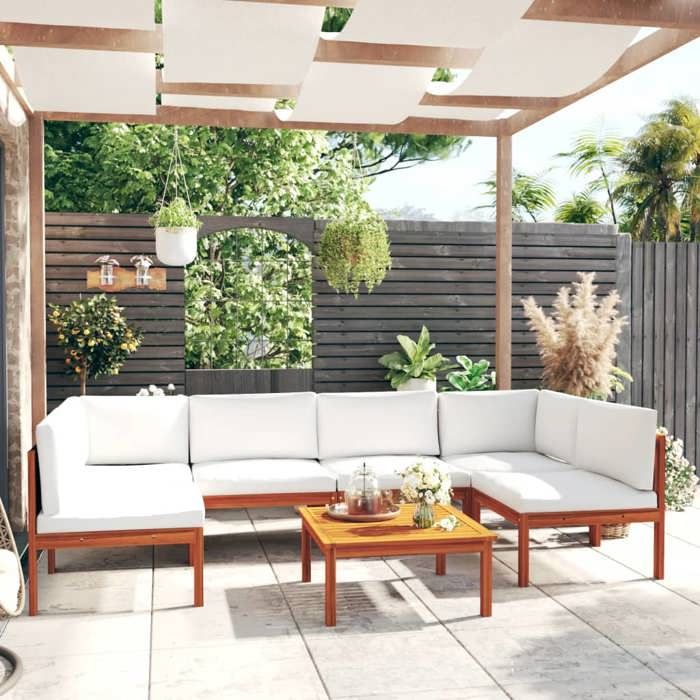 vidaXL Salon de jardin 7 pcs Coussins Crème Bois d'acacia