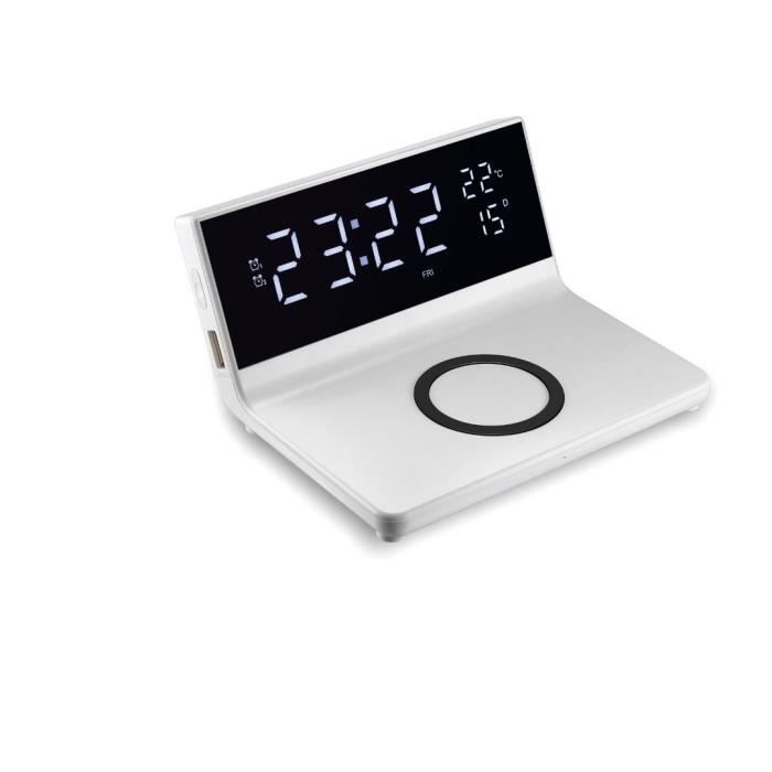 Réveil avec chargeur induction à 15W max, double alarme, lumiosité réglable, 1 port USB pour la charge, affichage l'heure, la tempét