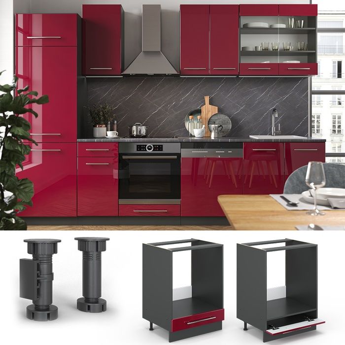 Vicco Meuble Cuisine Fame-Line 60 Cm Rouge Bordeaux Haute Brillance - Tiroir Anthracite