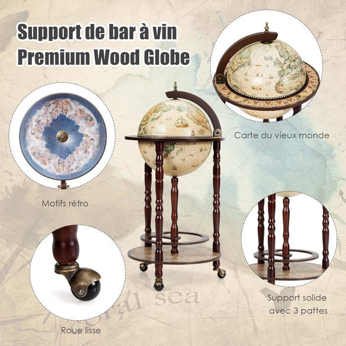 Bar Globe Terrestre Vintage Mappemonde En Bois D'eucalyptus, 70 X 45 X 88 Cm - Bar