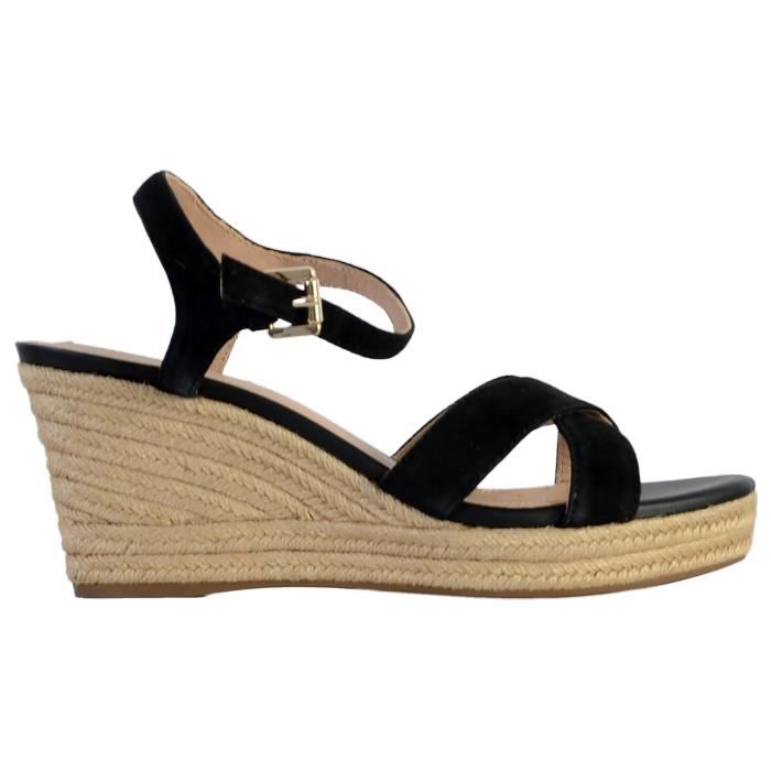 Sandales compensees Geox Soleil pour femme Cuir noir Bride Confort exceptionnel Noir Cdiscount Chaussures