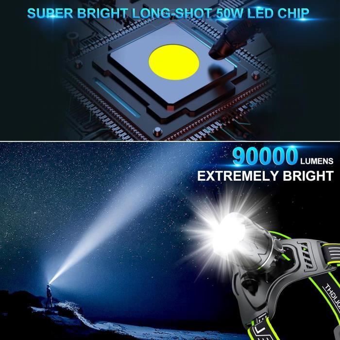 AMAKER Lampe Frontale LED Rechargeable, 9000 MAh Longue Batterie Avec 5 Modes, IPX7 étanche, Rechargeable Par USB, Lampe Frontale Zoomable Pour