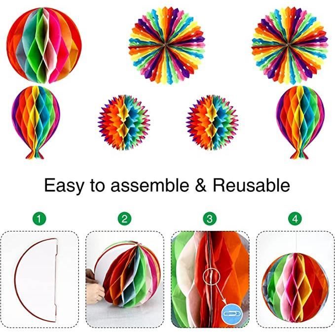 Décorations De Fête D'anniversaire Favors, Bannière De Décoration De Joyeux Anniversaire Avec 6 Paquets De Boules De Nid D'abeille Et Une Guirlande De Papier D'arc En Ciel, Fournitures De Fête