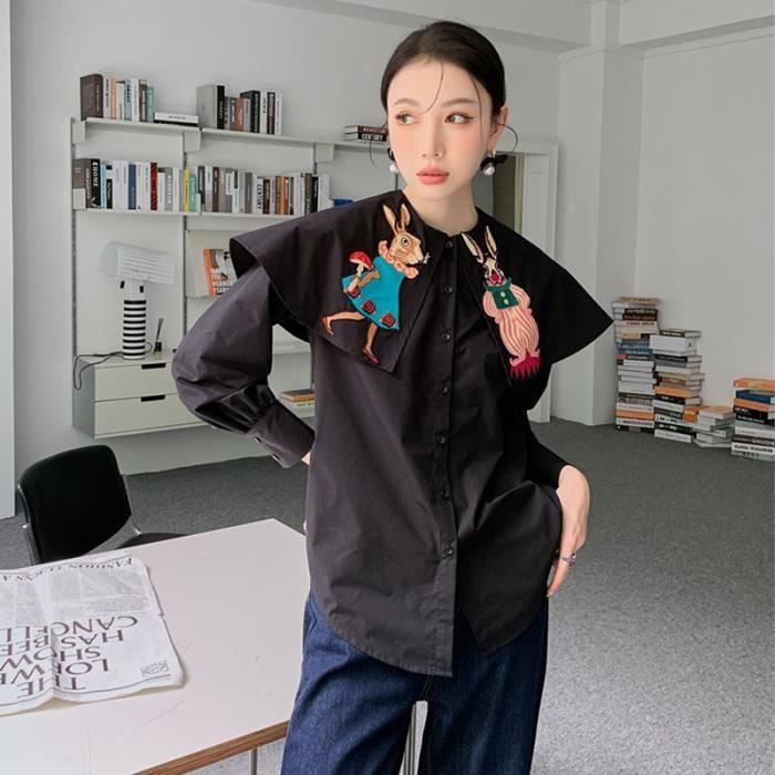 Chemise chemisier Vintage de Style japonais avec broderie de lapin de dessin Anime pour femme chemise noire ample et Black D9366 Blanc Cdiscount Pret a Porter