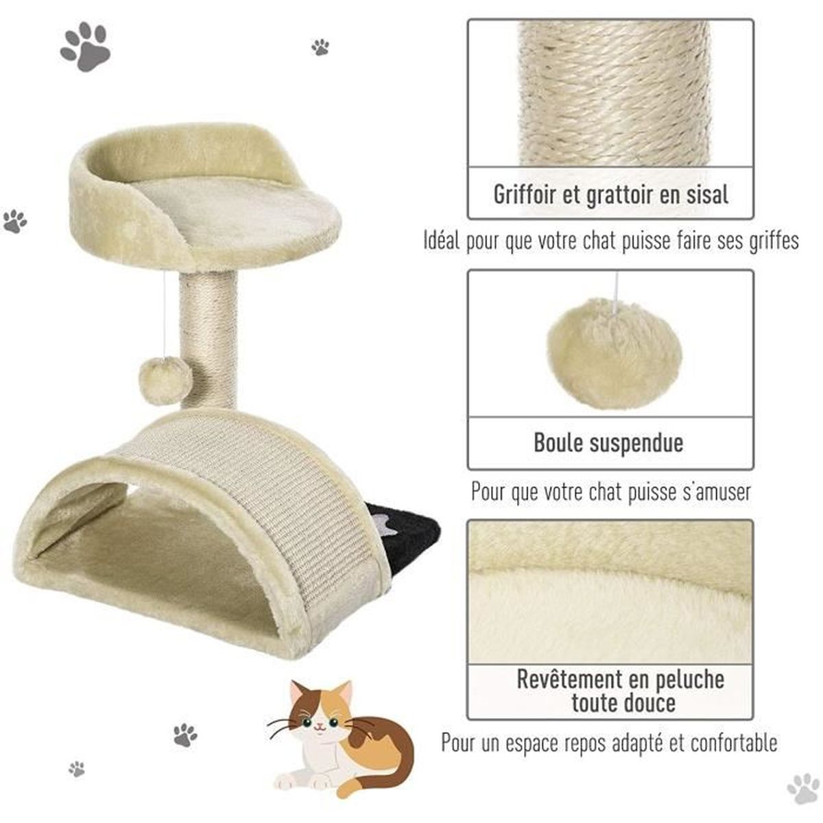 PawHut Arbre à chat griffoir grattoir design jeu boule suspendue 2 plateformes peluche 