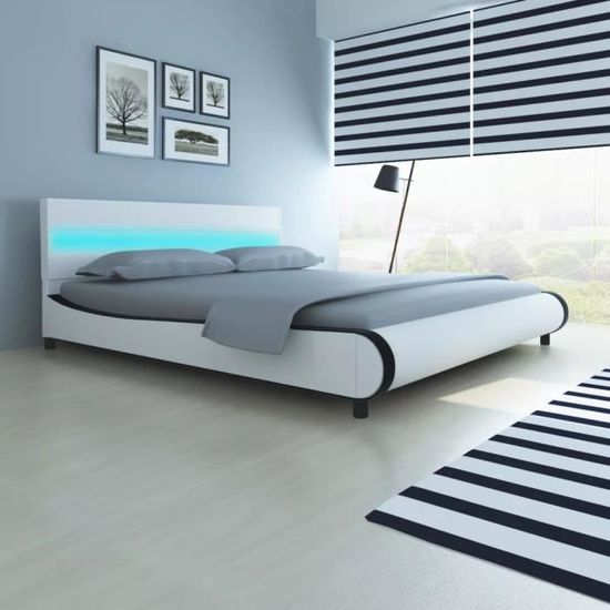 T Shell Cadre De Lit Avec Led De 2 Personnes En Cuir Synthetique Pour Chambre Ou Dortoir 0 X 180cm Blanc Cdiscount Maison
