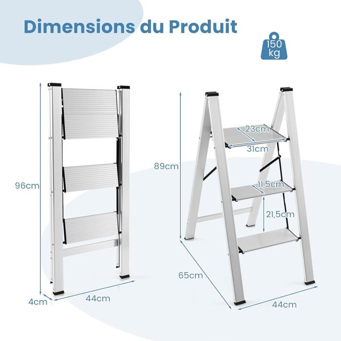 Miscoos Escabeau pliable à 3 marches pour adultes avec large