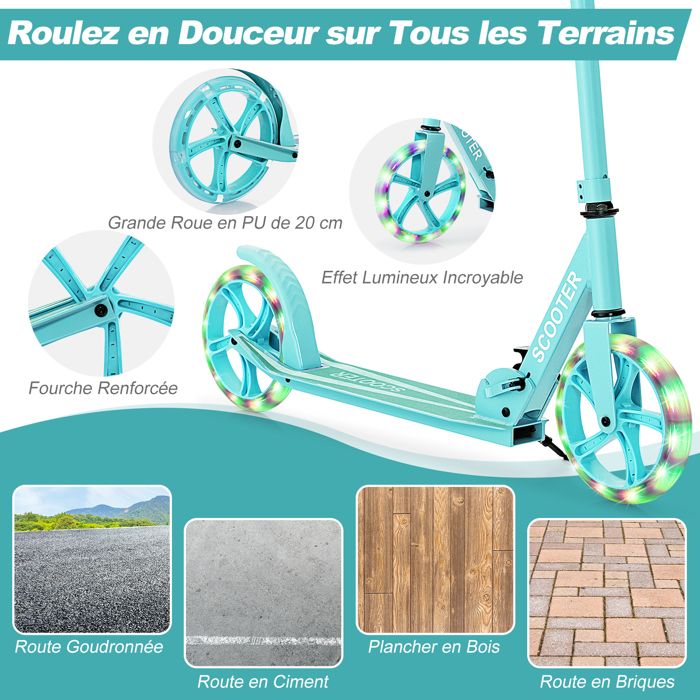 Trottinette COSTWAY Pliable – Roues LED 180 Mm, Charge 100 Kg, Guidon Réglable 3 Hauteurs, Dès 6 Ans