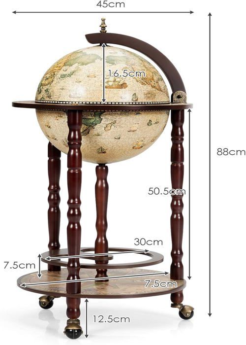 Globe Terrestre Bar Roulant En Bois D'eucalyptus - Mappemonde Vintage Avec Porte-bouteilles - 12