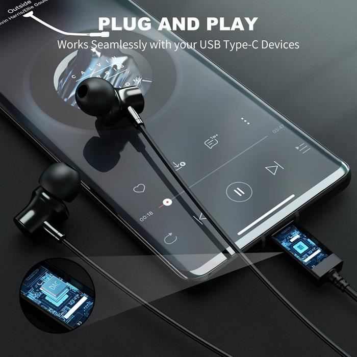 Ecouteur USB C pour Samsung S23 S22 S21 S20 A53 A54, Écouteurs USB Type C  Intra Auriculaires avec Micro et contrôle du Volume pour Xiaomi 12 11,  Pixel 7 Pro 6A, OnePlus