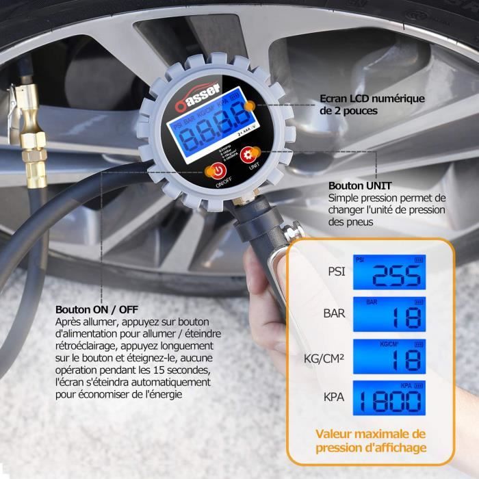 Gonfleur de pneu numérique avec jauge 200 pneumatiques de pneu pression  d'air PSI avec écran LCD rétro-éclairé ,Inflation numérique