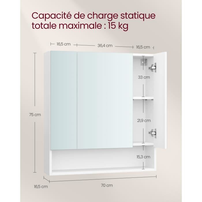 Meuble Haut De Salle De Bain - SONGMICS - Armoire Murale Salle De Bain - Avec Miroir Et Étagère Réglable, Blanc - Maison
